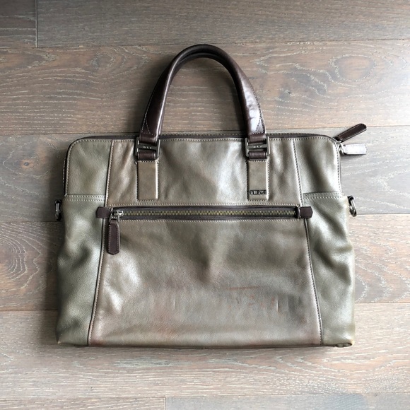 TUMI green and brown leather laptop bag - Picture 1 of 8